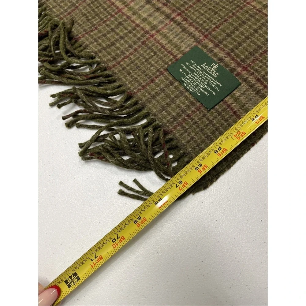 Vintage Lauren Ralph Lauren Green Plaid Wool Alpaca Blend Blanket Throw Fringe